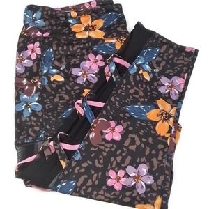 Womens Leggings 2XL Black Pink Floral Plus Size Cropped‎ Mid Rise Pockets